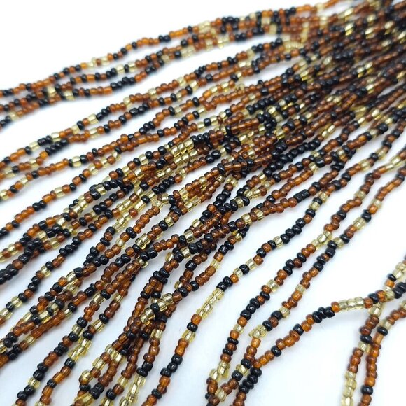 Multi Strand Brown Black Glass Seed Beaded Bib Necklace With Adjustable Chain - Picture 3 of 4